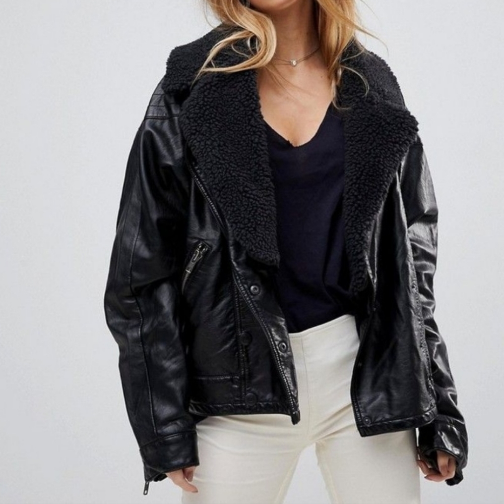 Free People Halen Vegan Faux Leather Moto Jacket W/ Detachable Shearling Collar